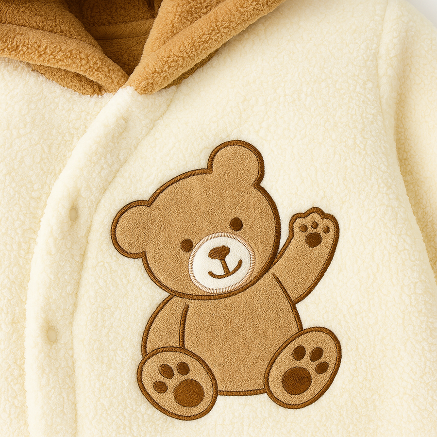 Baby wearing a cozy brown plush bear suit with footed legs