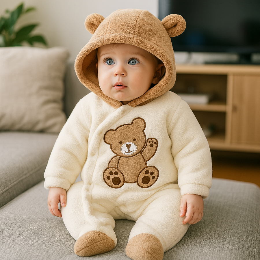 Soft cream and brown bear suit laid flat showing embroidered detail