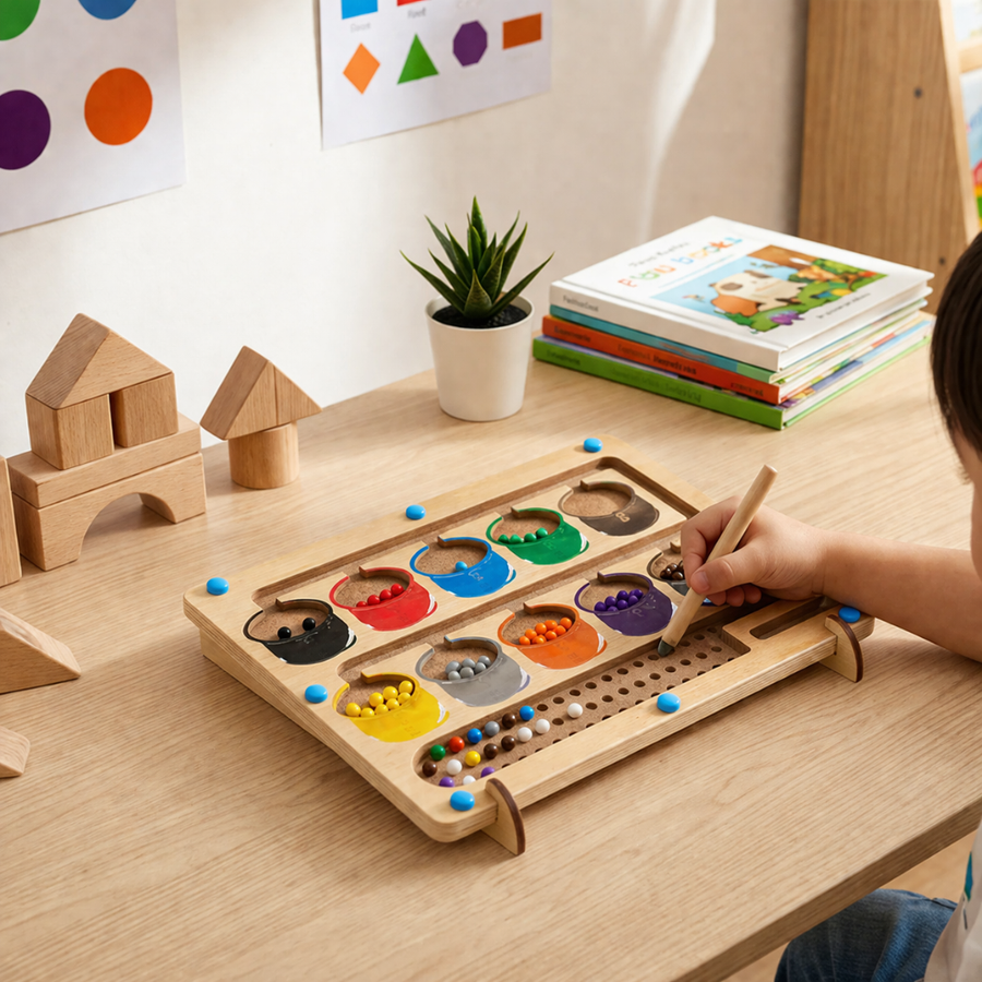 Set of magnetic beads arranged by color on the counting board.
