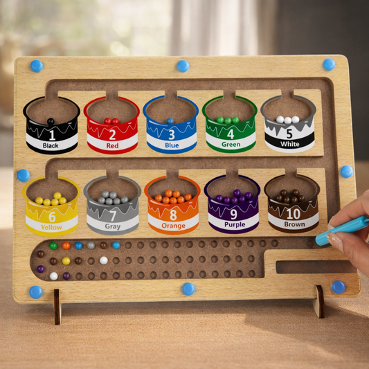 Wooden counting board with colorful magnetic beads and a pen.
