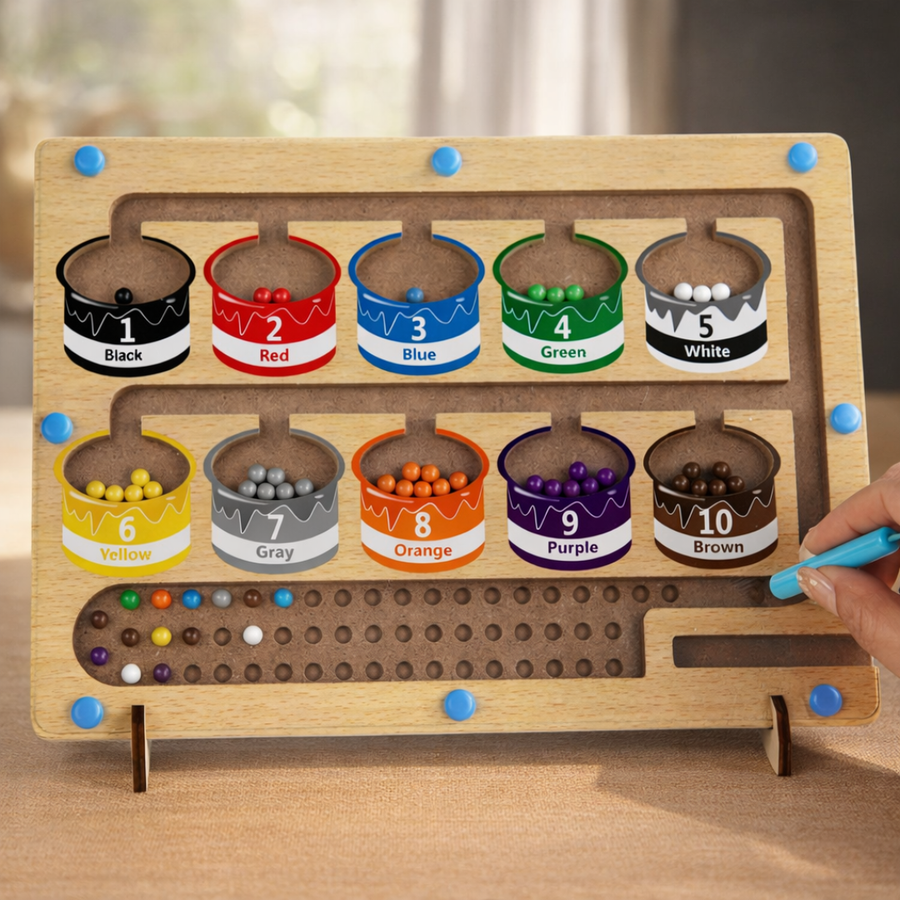 Wooden counting board with colorful magnetic beads and a pen.
