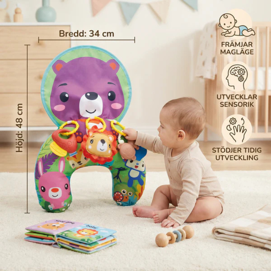 Training pillow shown from the side with plush animal design