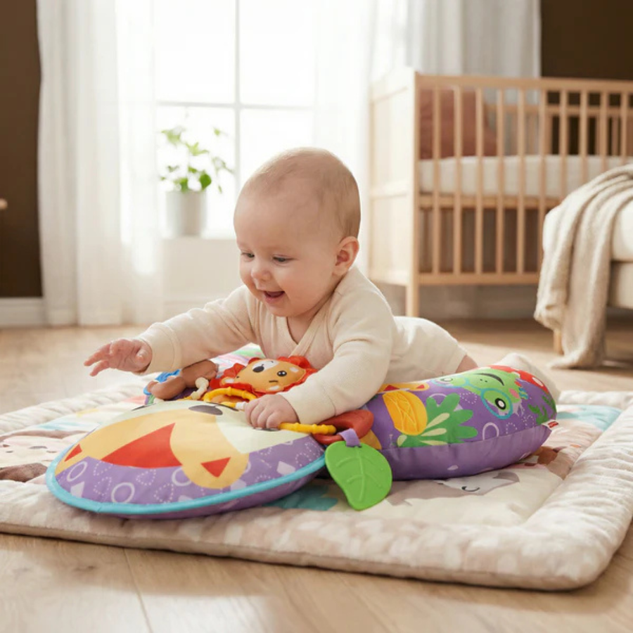 Close-up of the play ring with small toys attached to the pillow