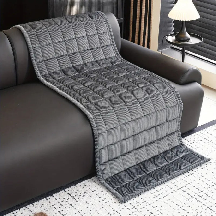 Sofa cover corner detail showing fit and drape