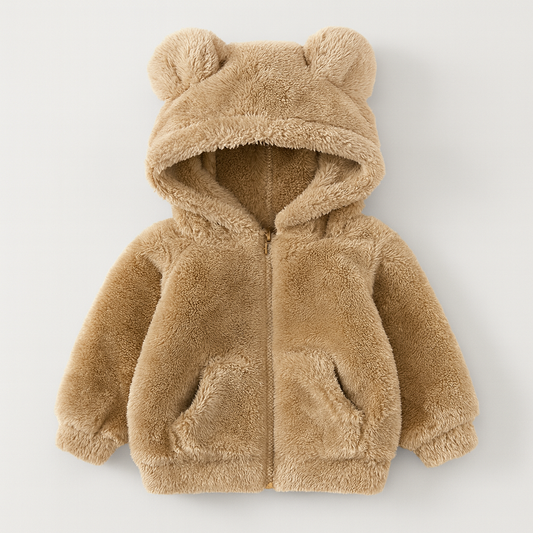 Baby fleece jacket with hood and bear ears shown on a plain background