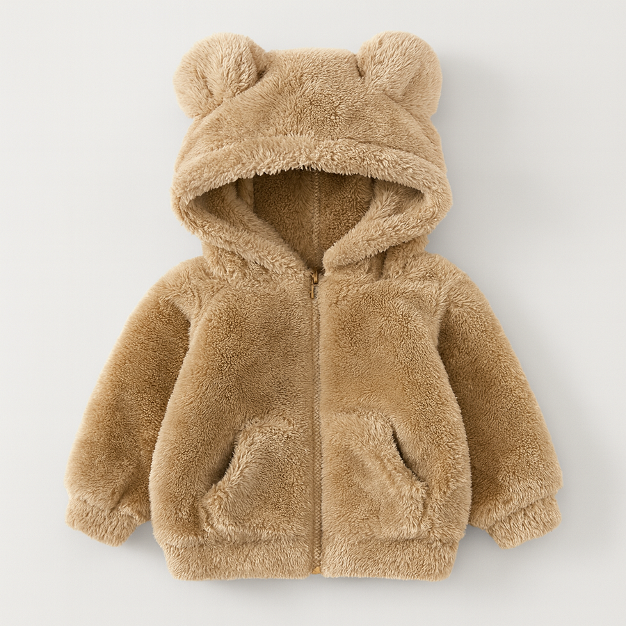 Baby fleece jacket with hood and bear ears shown on a plain background