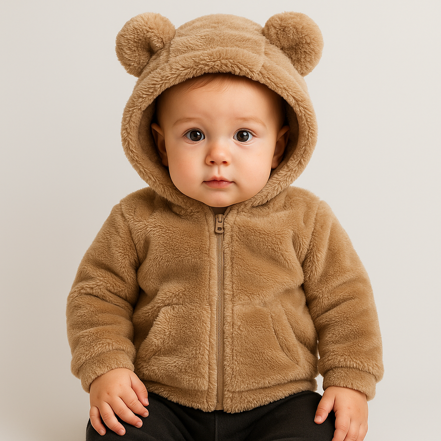 Close-up of a baby fleece jacket featuring soft bear ears on the hood