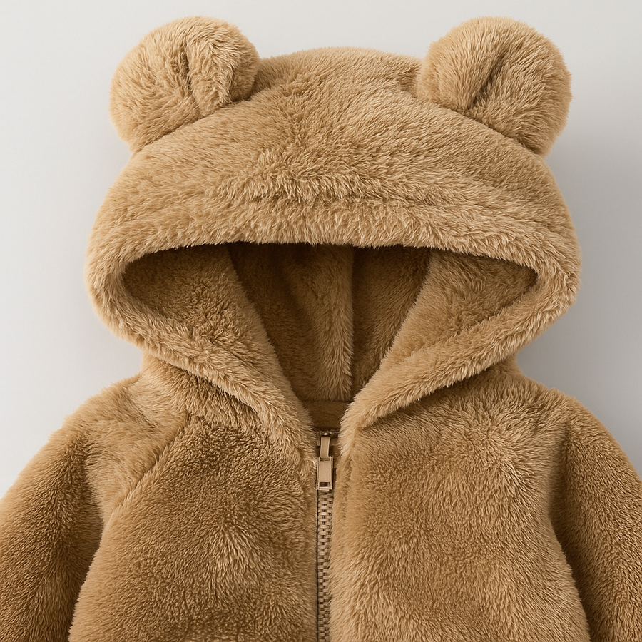 Baby teddy jacket with hood, photographed against a plain backdrop