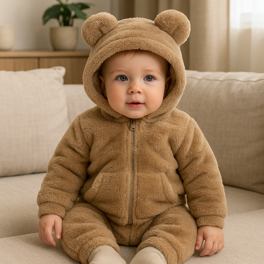 Front view of a brown baby jacket with hood and bear ear details