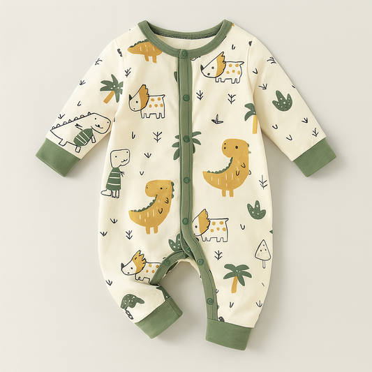 Baby romper with dinosaur print and contrast trim against a soft background