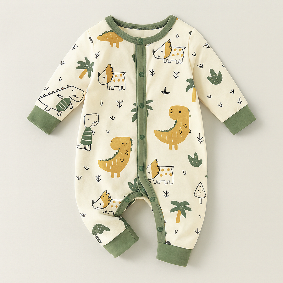 Baby romper with dinosaur print and contrast trim against a soft background