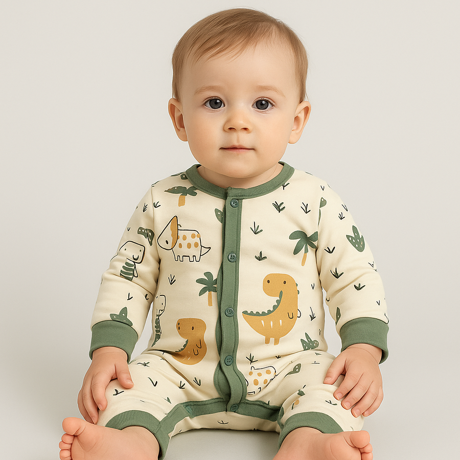 Baby romper with dinosaur print and contrast trim against a soft background