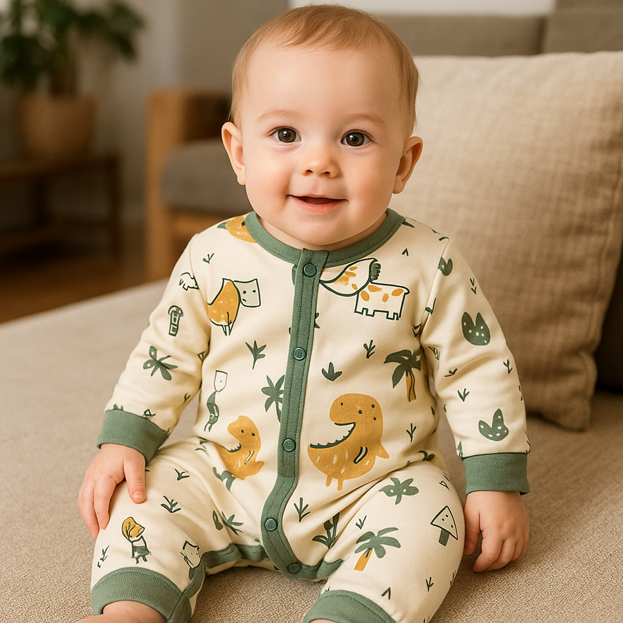 Baby romper with dinosaur print and contrast trim against a soft background