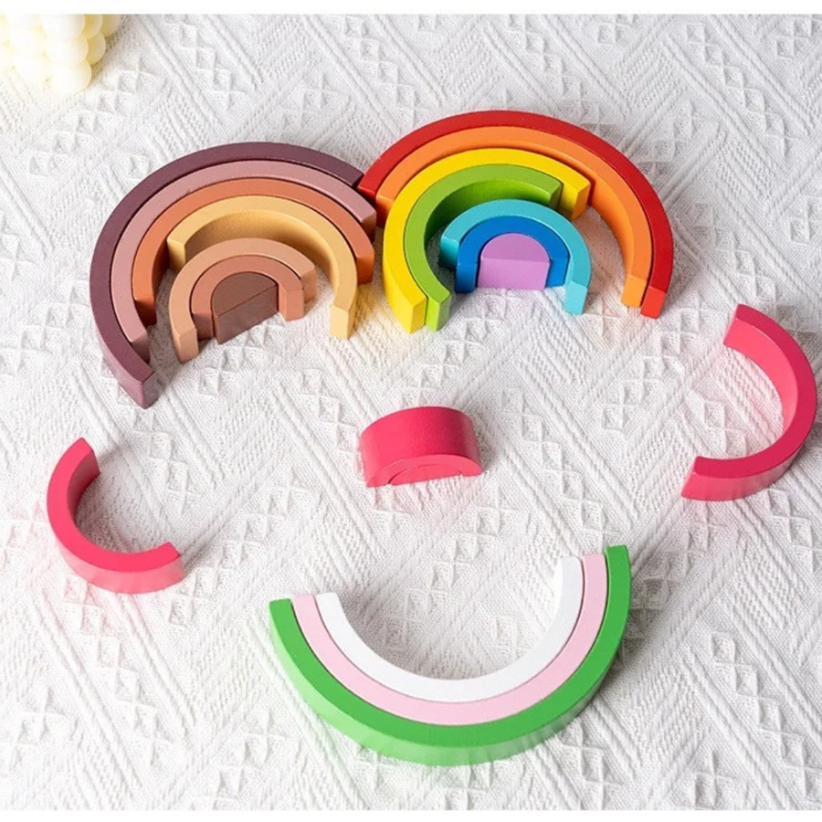 Close-up of the smooth wooden finish on the rainbow toy.