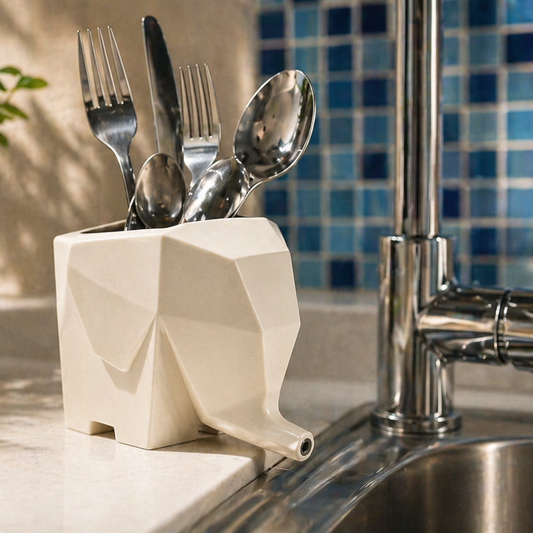 Orange elephant-shaped drainer holding kitchen utensils on a counter.