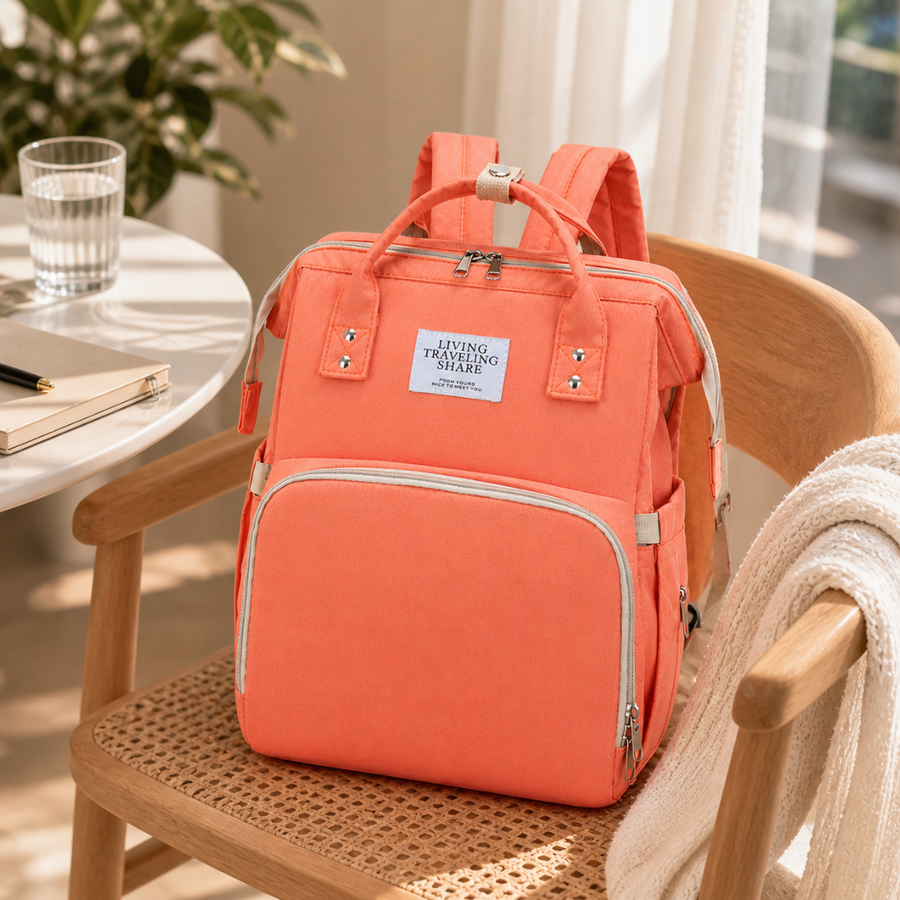 Close-up of the diaper bag backpack's interior compartments.