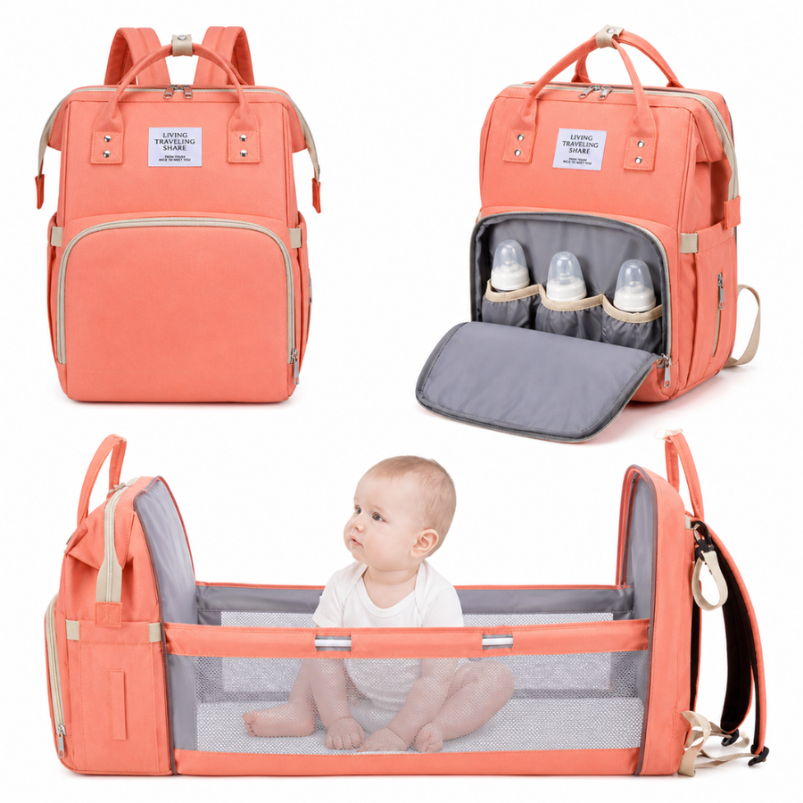 Diaper bag backpack with straps for bottles and accessories.