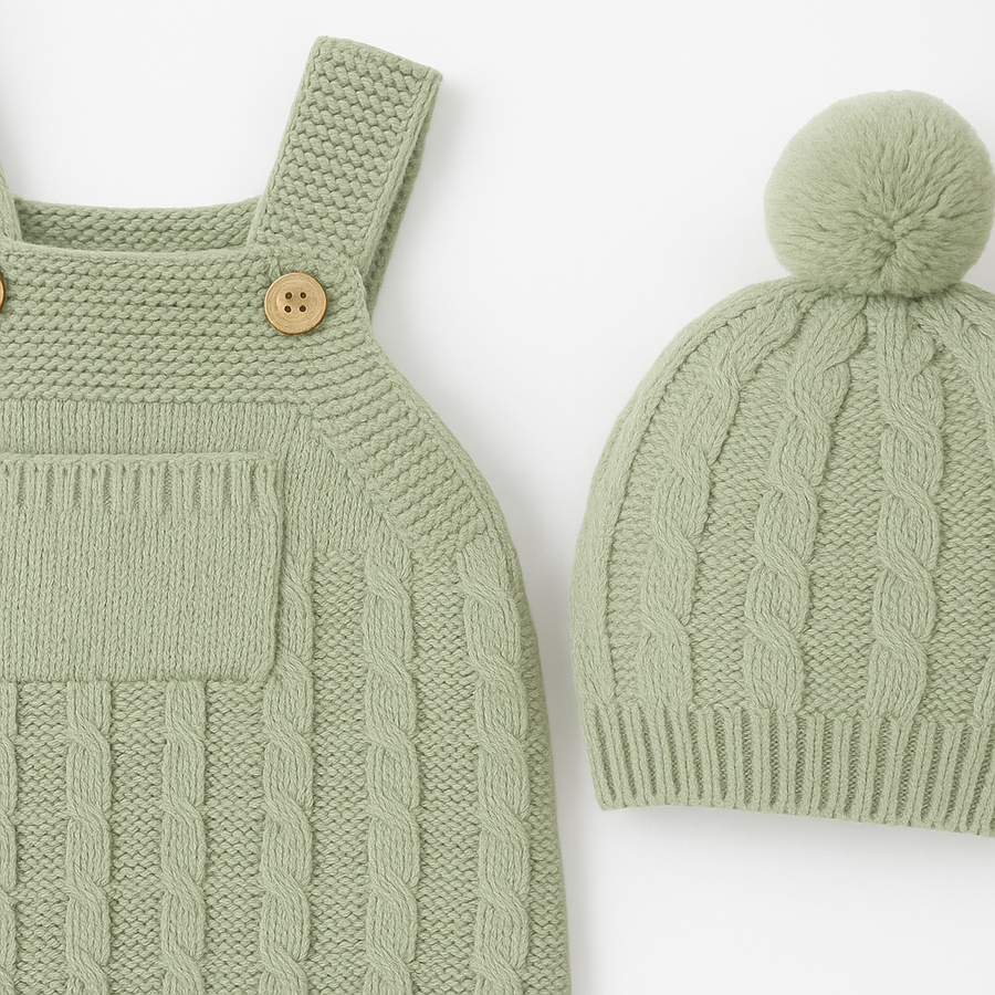 Baby outfit with pom-pom hat and knit overalls