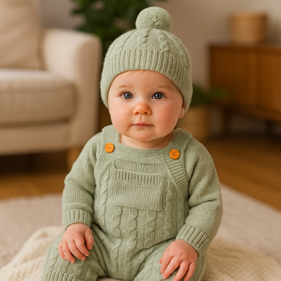 Baby wearing soft knit overalls and hat set
