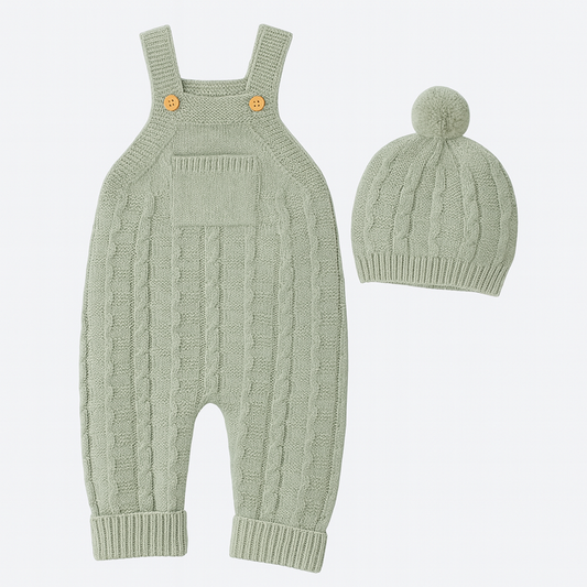 Knit baby overall set with matching pom-pom hat
