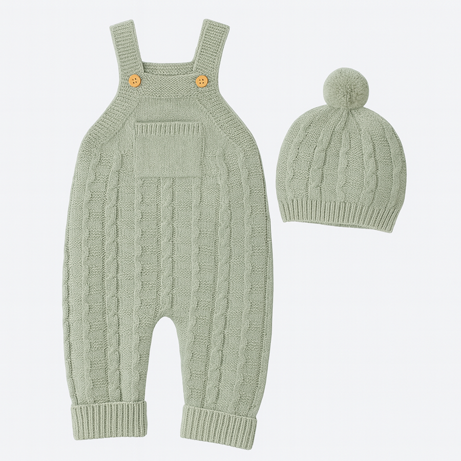 Knit baby overall set with matching pom-pom hat