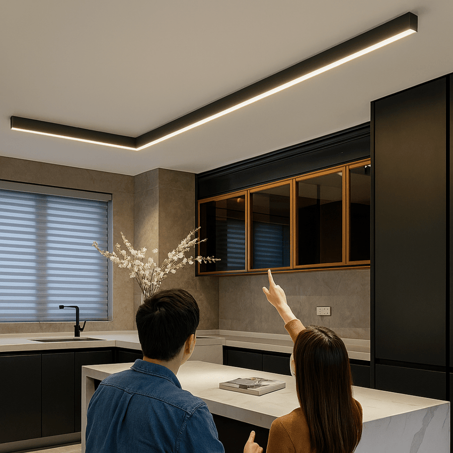 Close-up of the linear LED ceiling light's slim aluminum frame