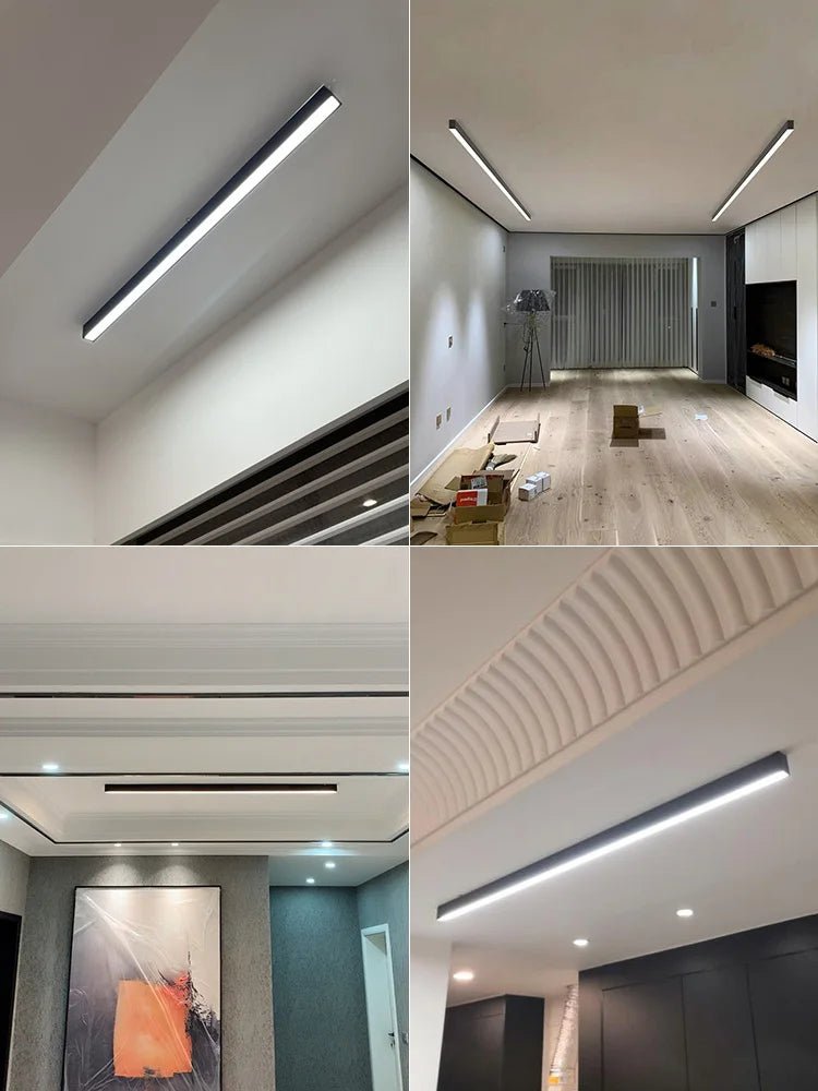 Linear LED ceiling light in gold finish in a bedroom setting
