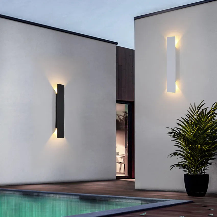 Detail view of the outdoor LED wall light's slim design