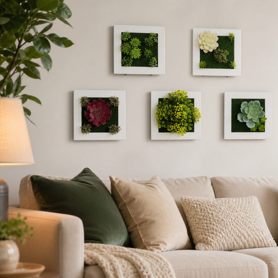 Plant frame with artificial boxwood balls and small flowers