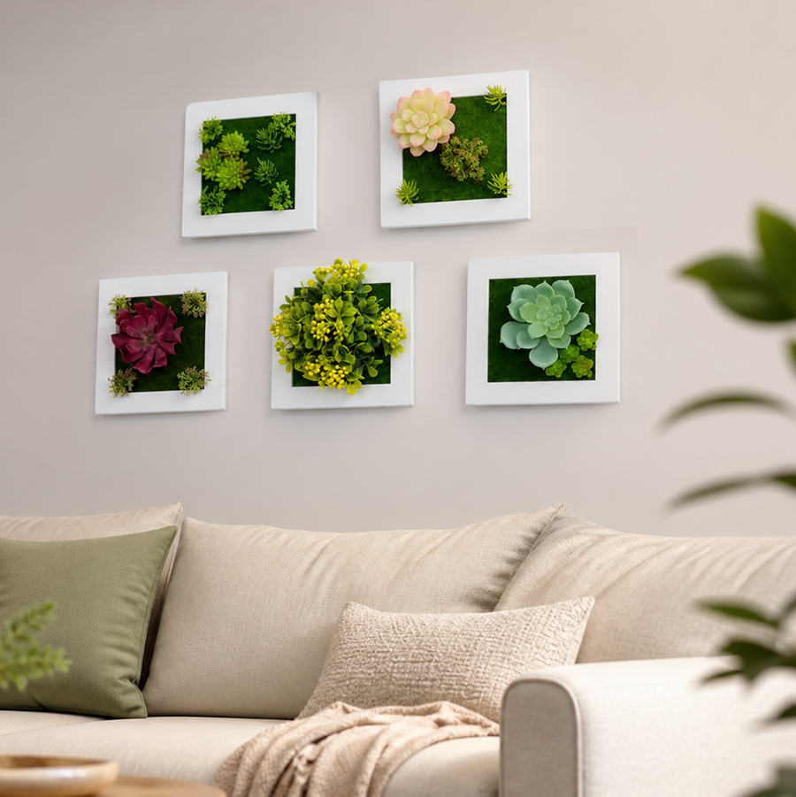 Detailed view of artificial plants inside a white frame