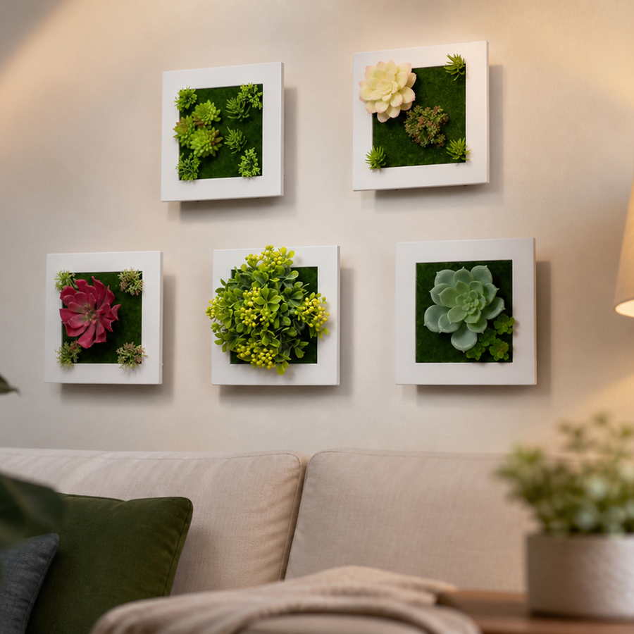 Plant frame hung above a bed with white frame and moss-green background