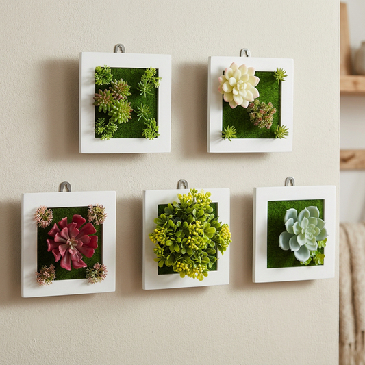 Plant frame wall decor with five artificial plant frames on a white wall