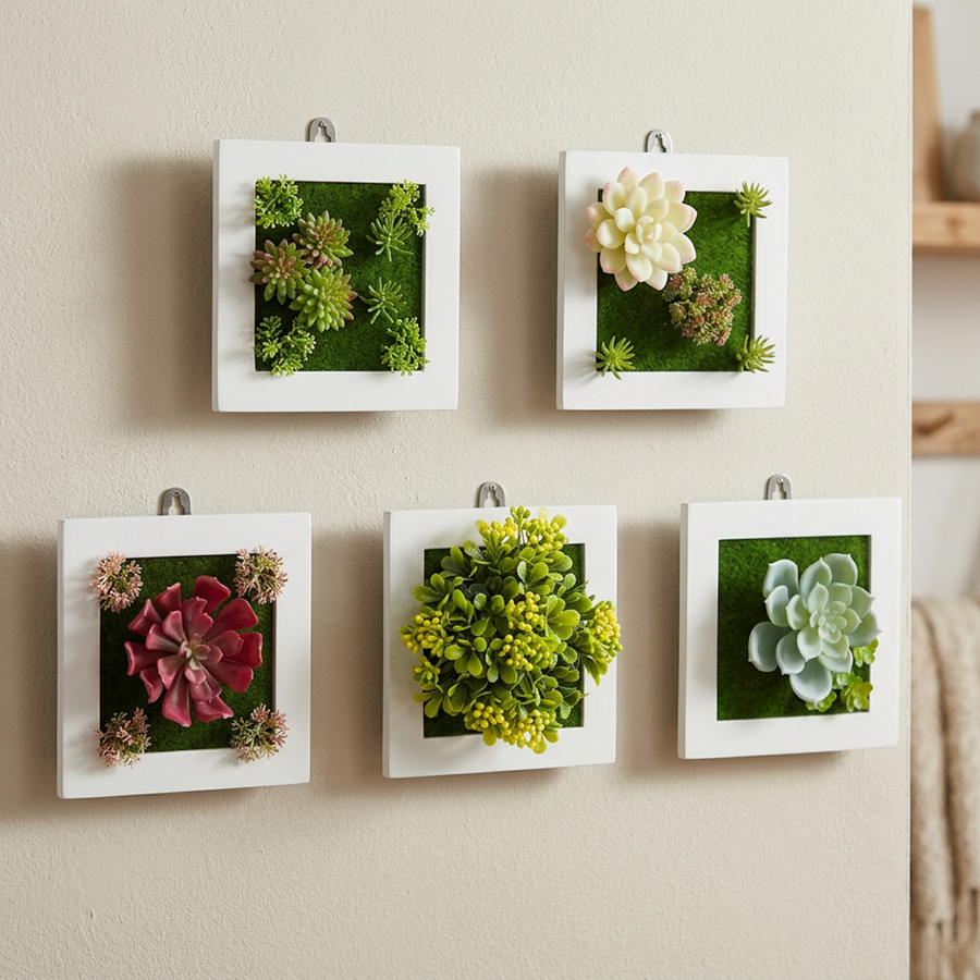 Plant frame wall decor with five artificial plant frames on a white wall