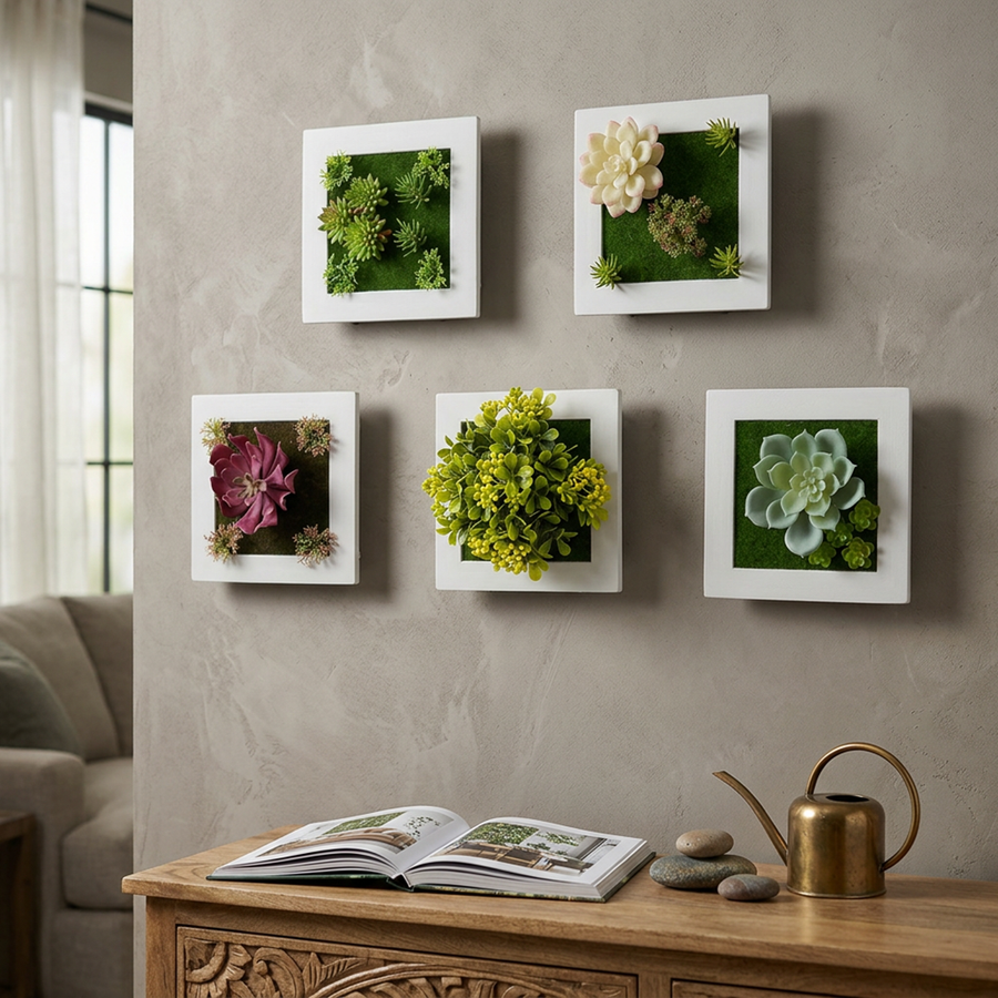 Set of five plant frames arranged in a row on a shelf
