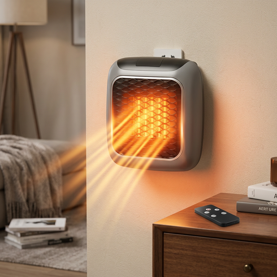 Close-up of the plug-in heater's touch panel and remote control