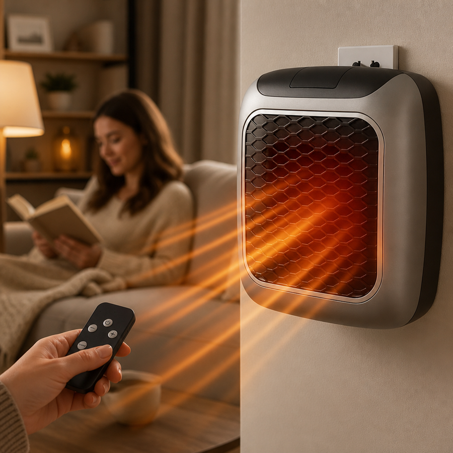 Portable heater with remote control resting nearby
