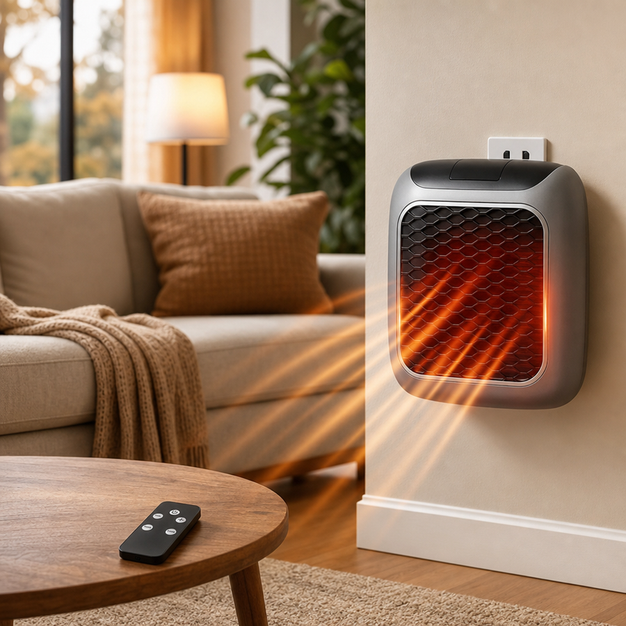 Portable plug-in wall-mounted heater plugged into wall outlet