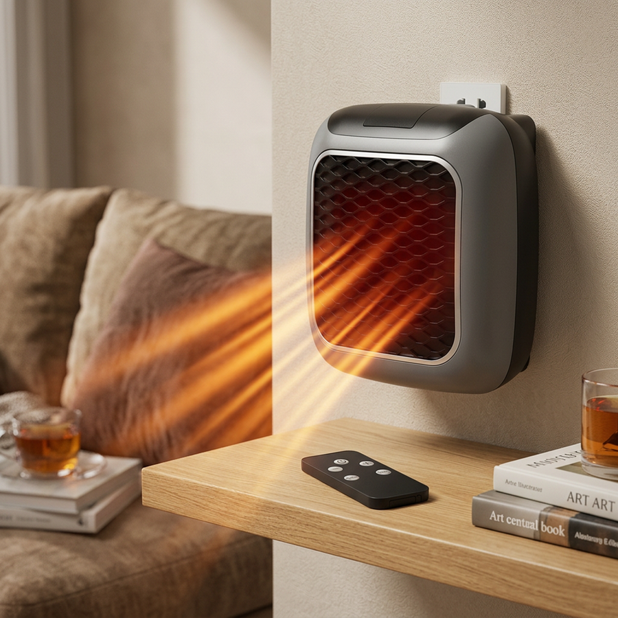 Portable heater shown from a side angle highlighting its compact design