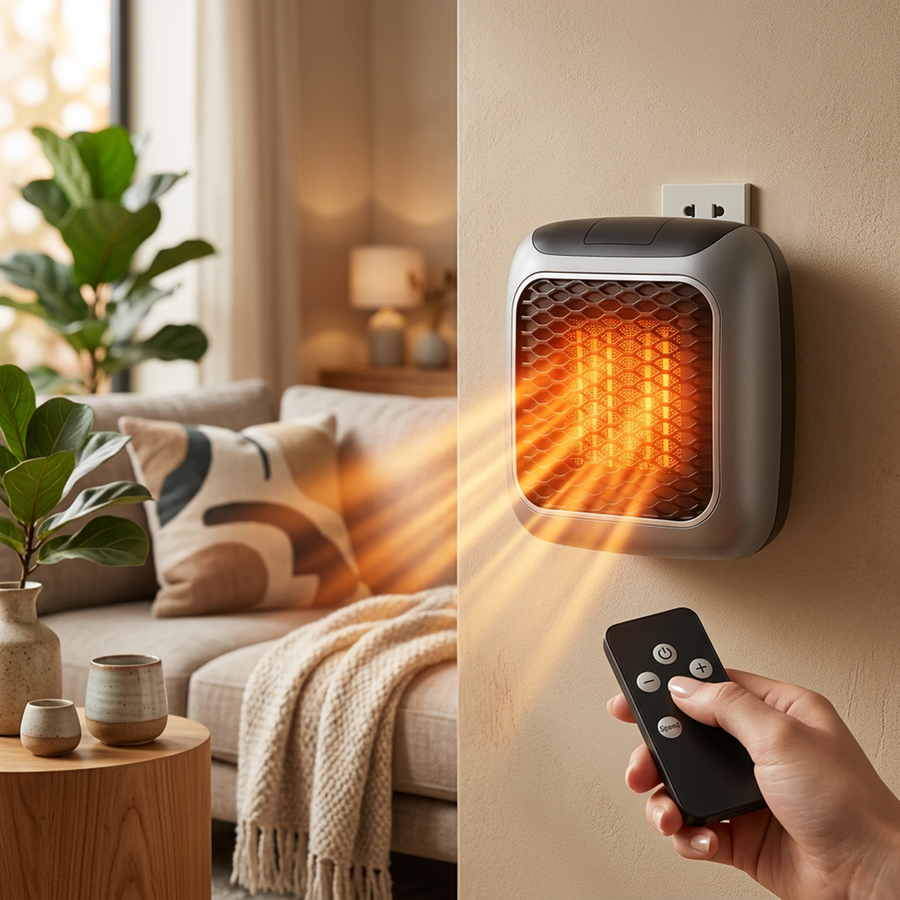 Portable plug-in wall-mounted heater on white background