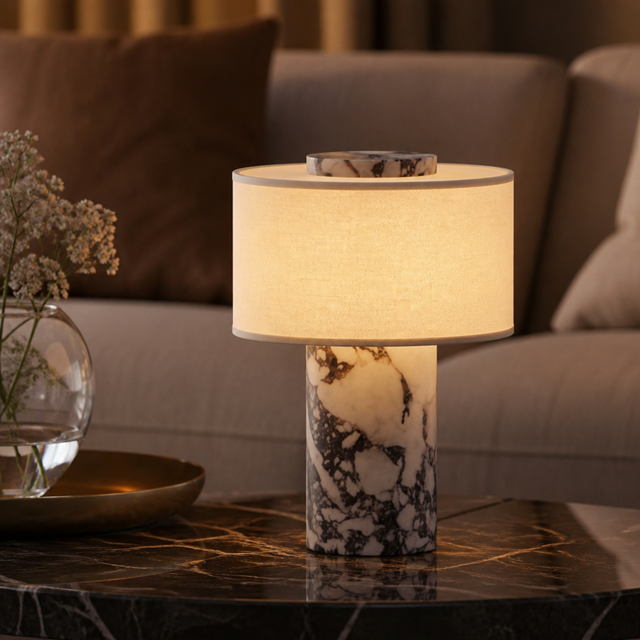 Close-up of the marble table lamp with linen shade.