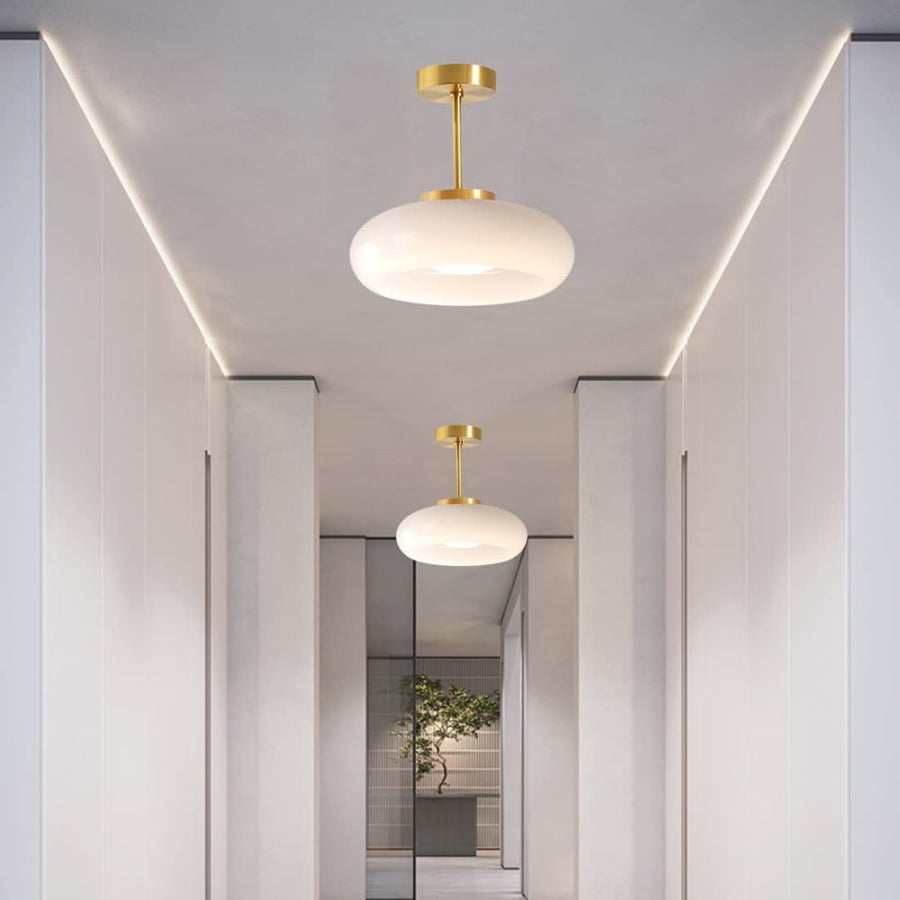 Round ceiling light fixture in a minimalist living room