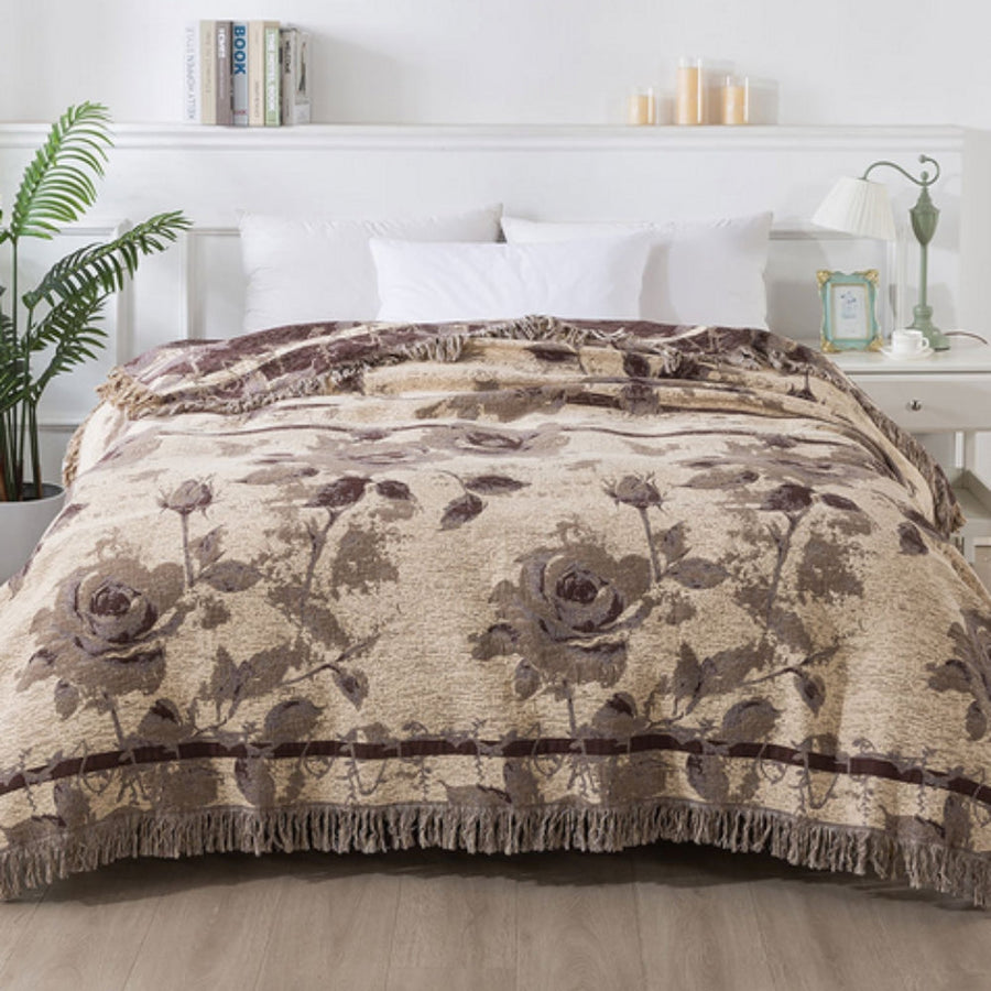 Close-up of the textured floral throw blanket fabric