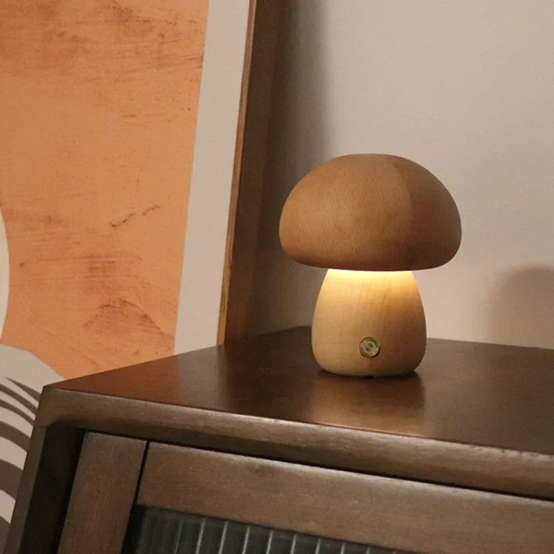 Mushroom-shaped touch lamp placed on a living room side table