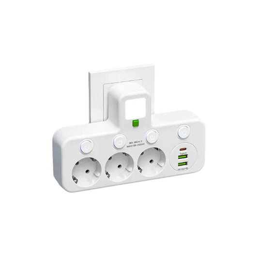 3-way outlet splitter with individual switches and dual USB charging ports.
