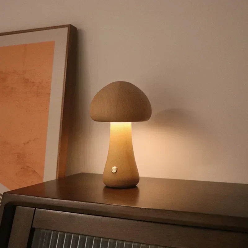 Mushroom-shaped table lamp glowing with warm white light