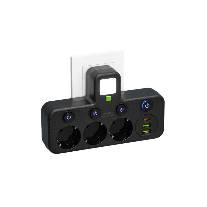 Close-up of the 3-way outlet splitter showing its dual USB charging ports and switches.