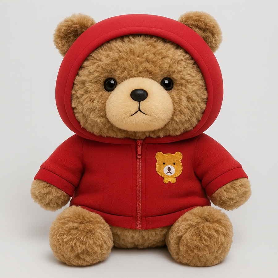Plush bear with red hoodie sitting upright