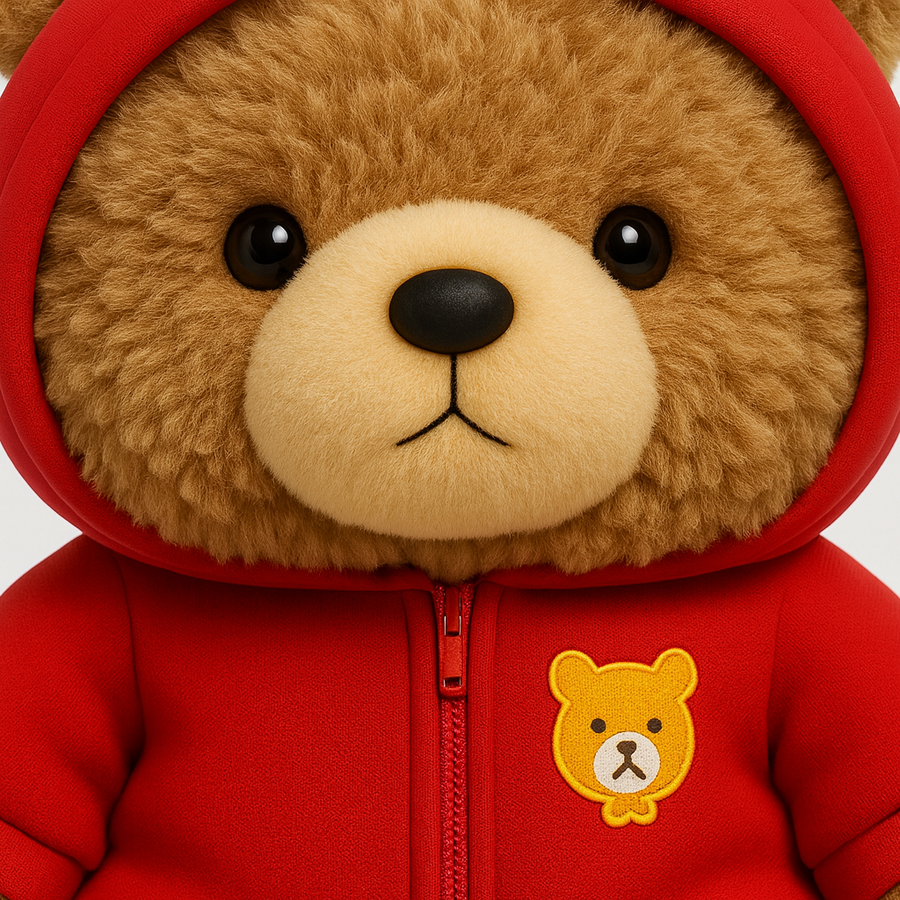 Plush bear with red hoodie sitting upright