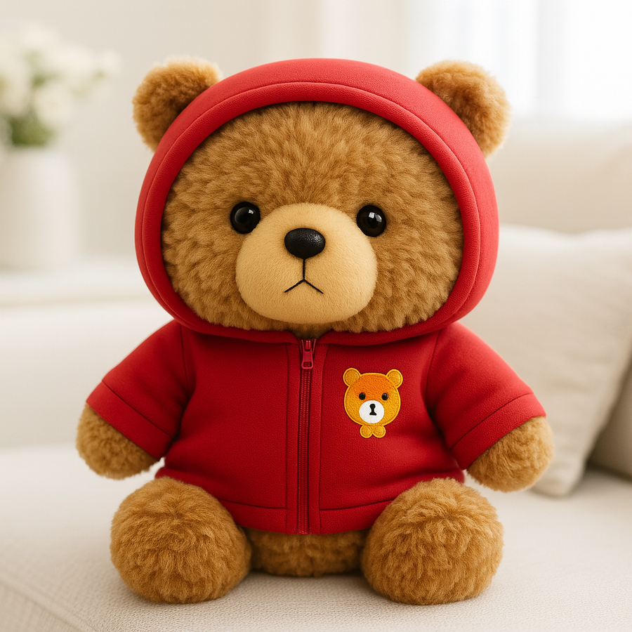 Plush bear with red hoodie sitting upright