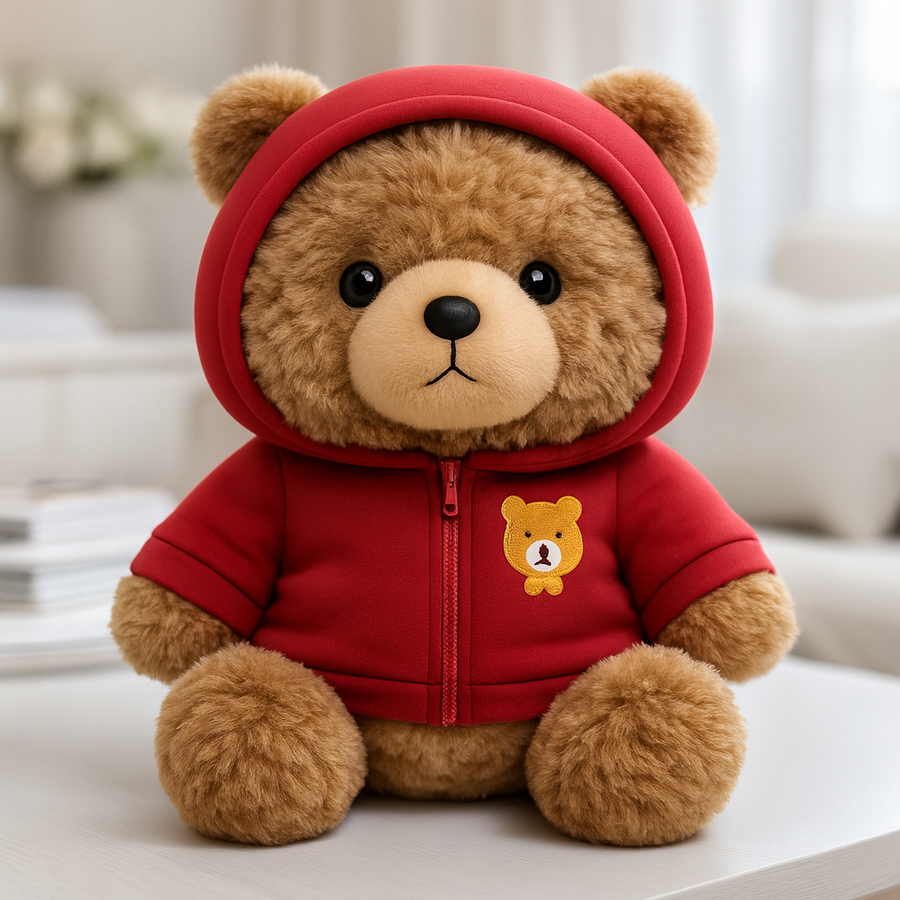 Plush bear with red hoodie sitting upright
